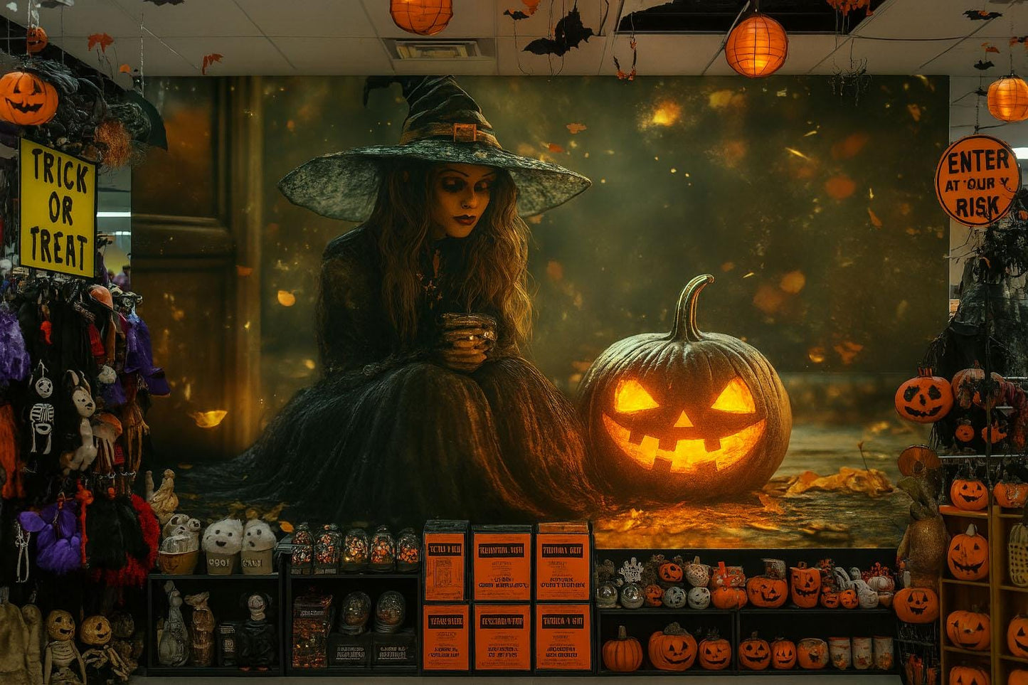 Witch and Jack-o’-Lantern Wall Mural – Spooky Halloween Wallpaper for Party or Store Decor Vn789
