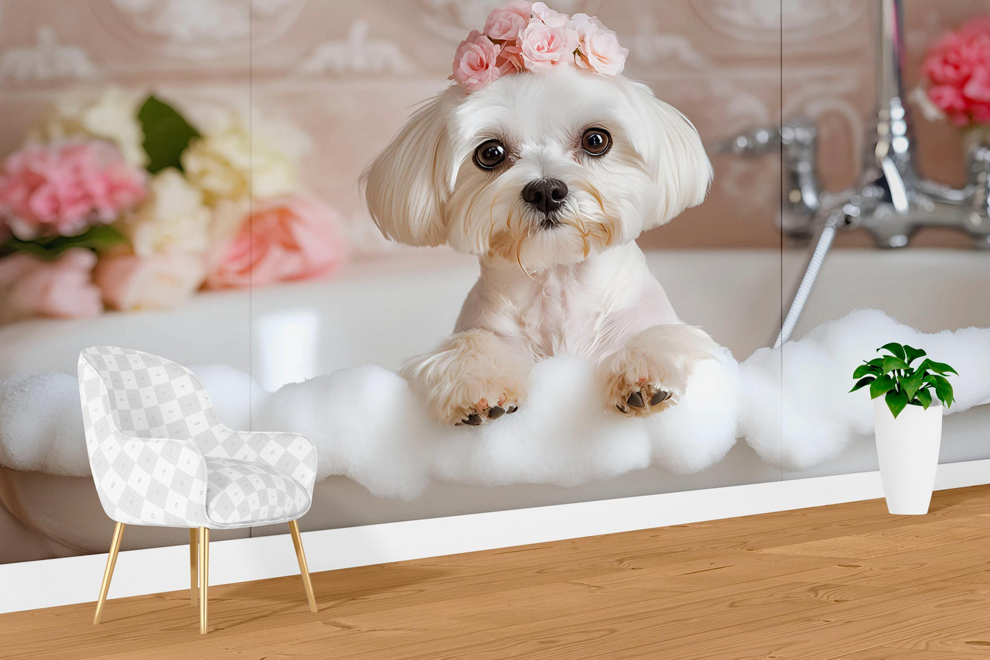 Cute Maltese Dog Bath Art | Whimsical Puppy Bathroom Print | Funny Dog Spa Wall Decor | White Dog Nursery Poster Vn667