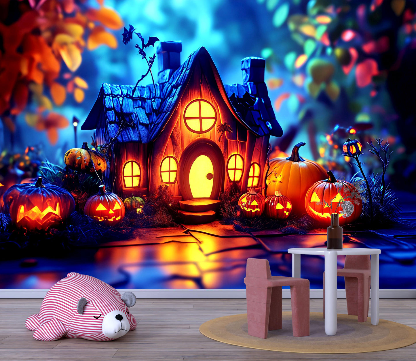 Witch & Pumpkin House Halloween Wall Mural – Cozy Spooky Home Décor Vn797