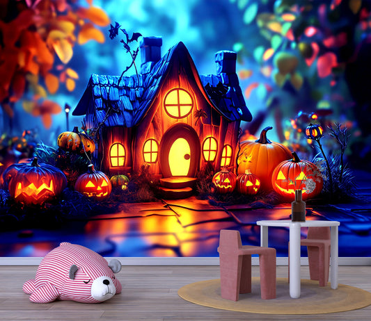 Witch & Pumpkin House Halloween Wall Mural – Cozy Spooky Home Décor Vn797
