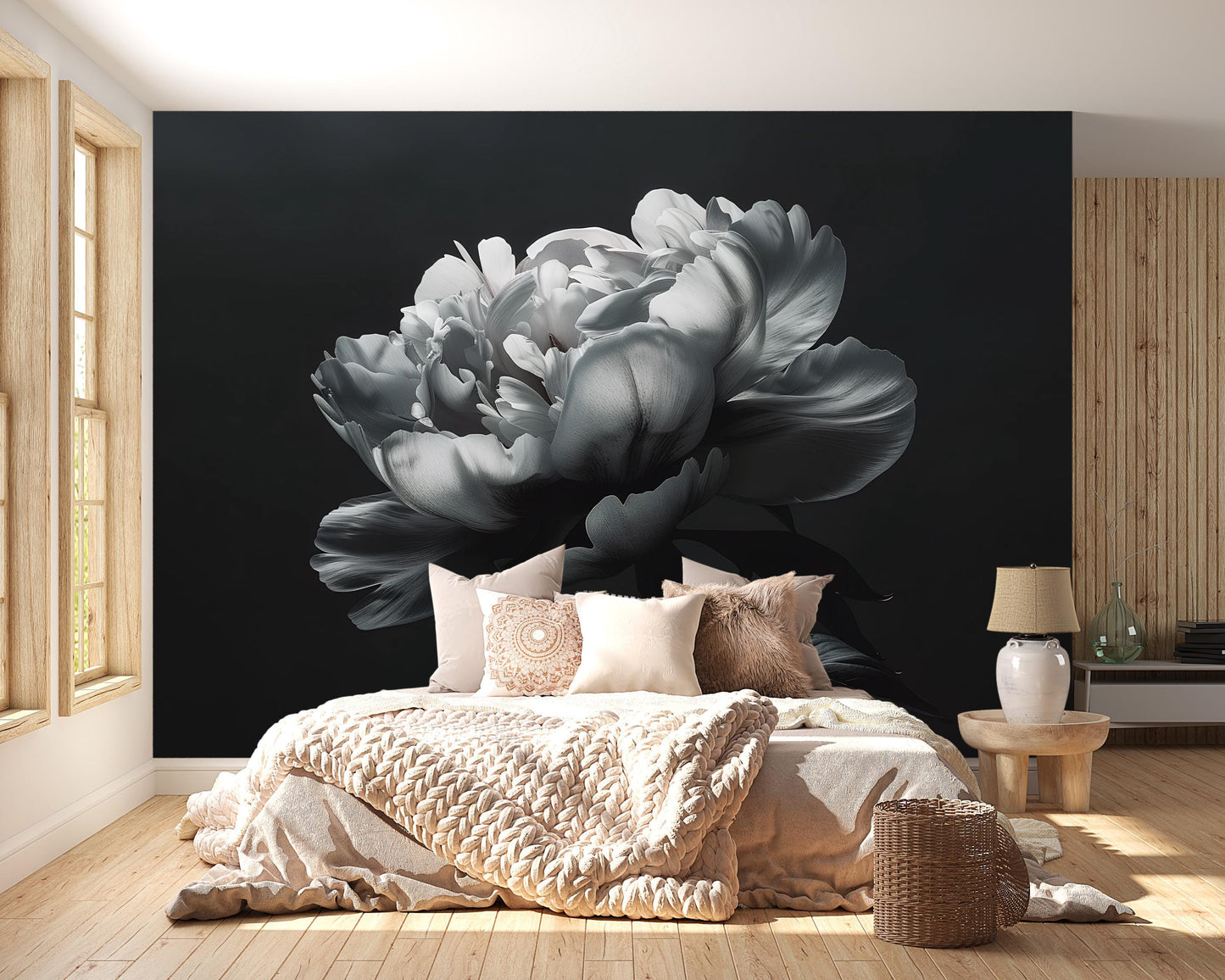 Black and White Peony Wall Mural – Large Dark Floral Wallpaper for Bedroom Accent Wall Vn1050