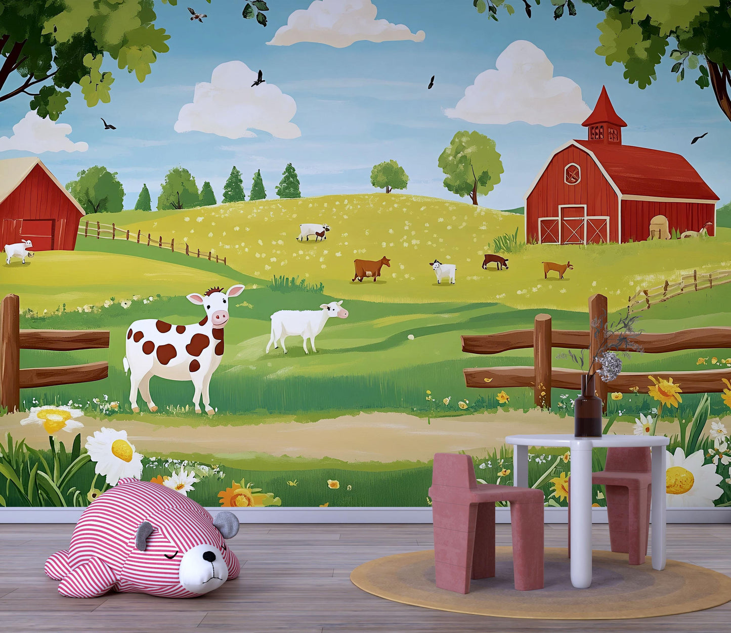 Farm Animal Wall Mural for Nursery – Cute Cow & Barnyard Scene – Kids Room Wallpaper – Pastoral Wall Art – Removable Vinyl Decal Vn625