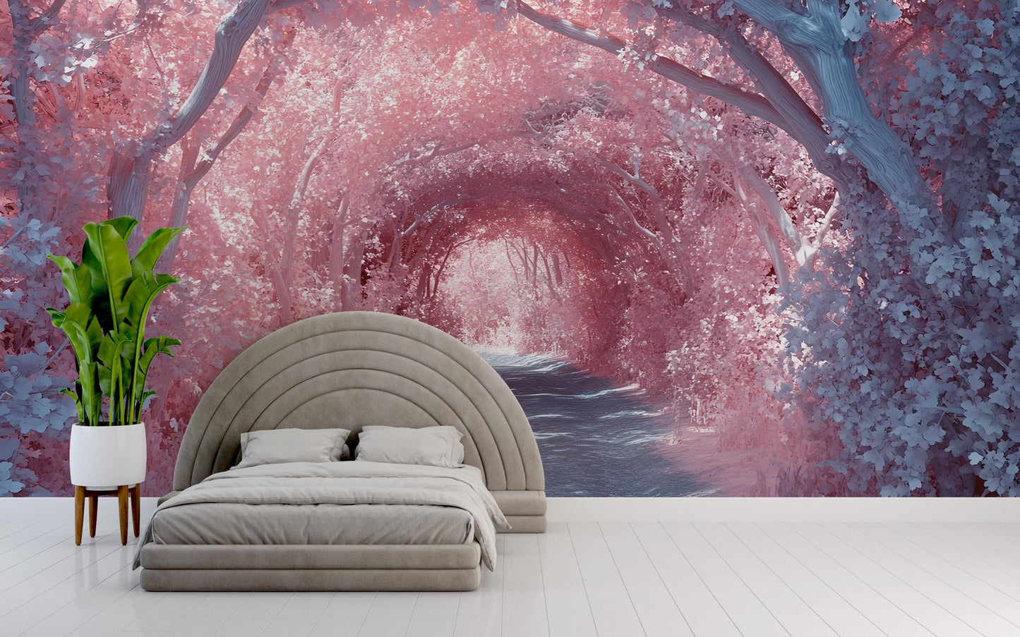 Forest Path Wall Mural – Dreamy Pink & Blue Nature Scene, Bedroom Accent Wallpaper, Mystical Woodland Art Print Vn578