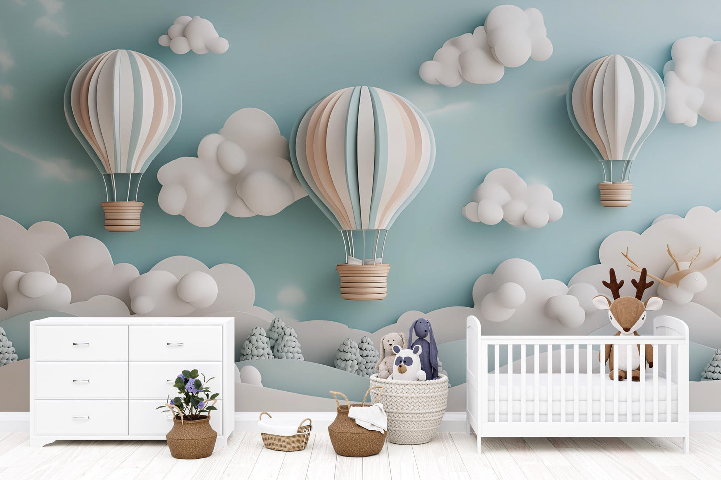 Whimsical Hot Air Balloon Wall Mural for Kids Room – Cloud & Sky Nursery Wallpaper – Dreamy Pastel Art Décor Vn259
