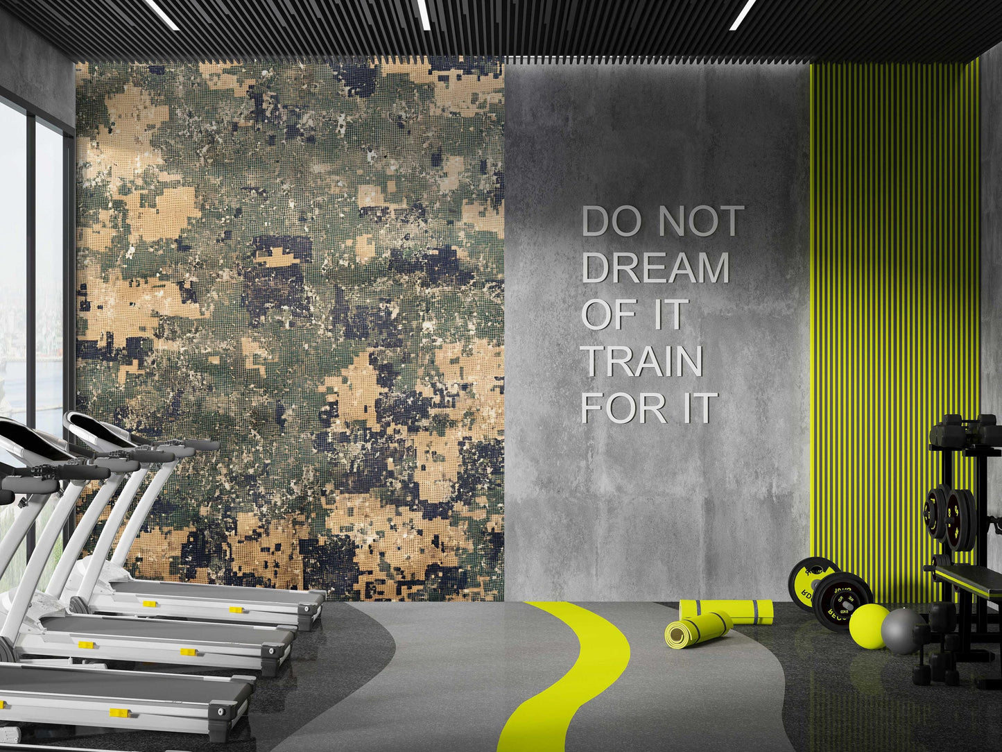 Modern Gym Wall Mural – Digital Camo & Geometric Pattern Wallpaper – Bold Fitness Decor for Home or Commercial Gym Vn457