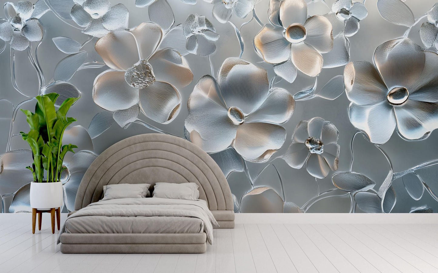 3D Floral Wall Mural for Bedroom – Elegant Blue and White Flower Wallpaper, Large Peel and Stick Wall Decor Vn657