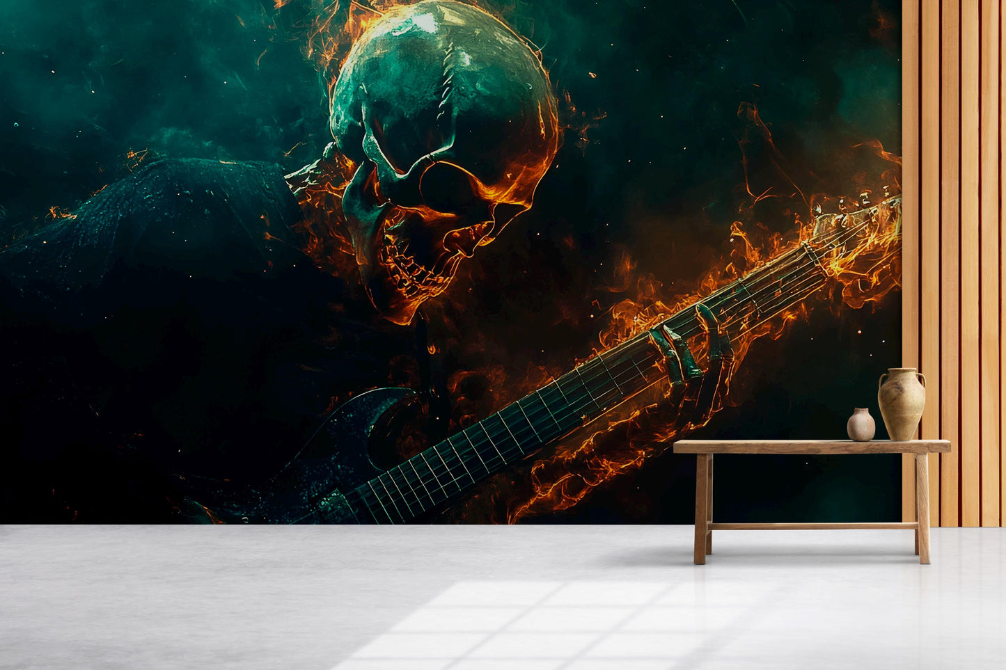 Flaming Skeleton Guitar Wall Mural – Heavy Metal Bedroom Art Decor Vn715