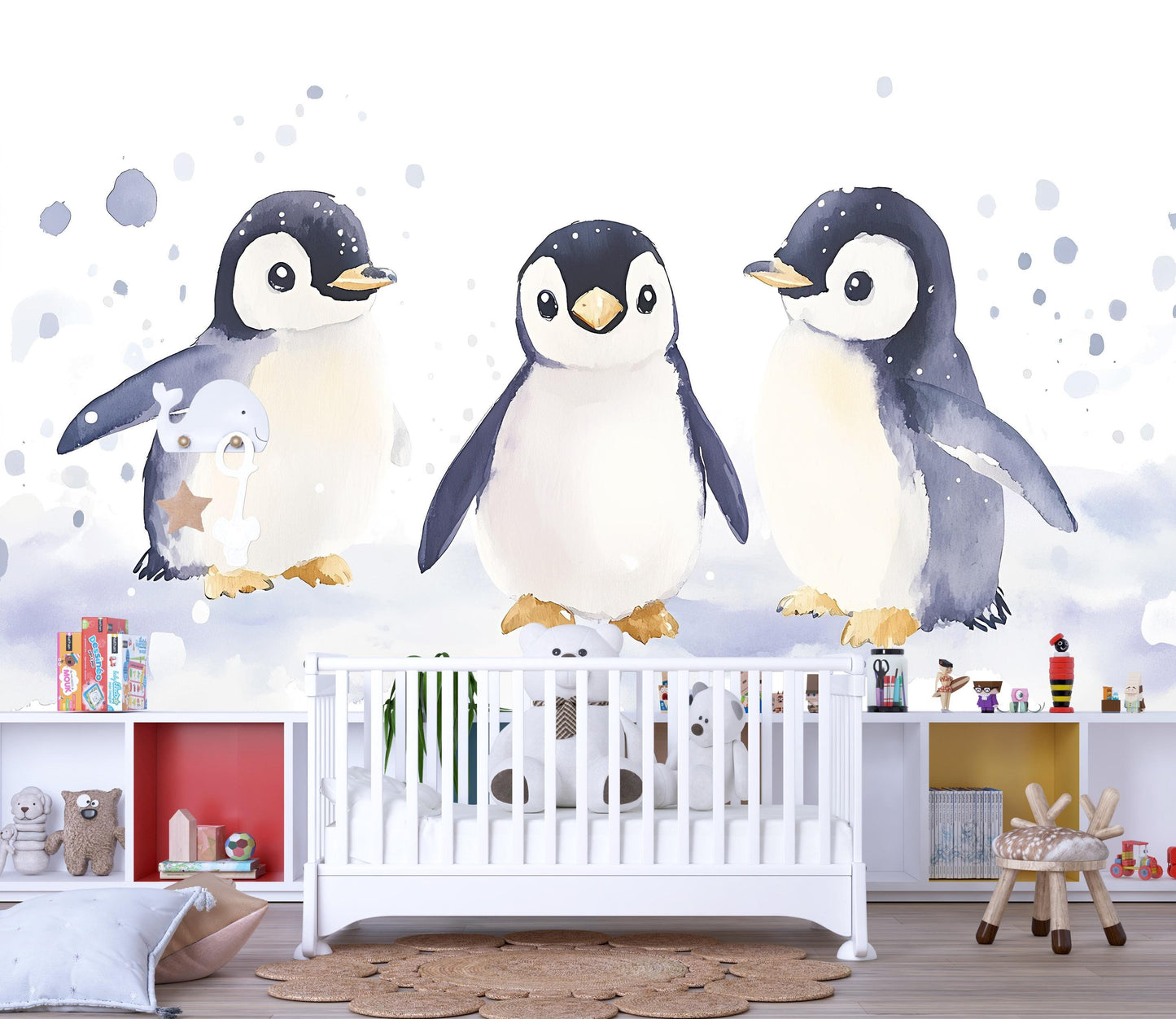 Penguin Nursery Wall Mural | Blue Baby Room Wallpaper | Arctic Animal Nursery Decor | Gender Neutral Nursery Art | Winter Baby Room Vn519