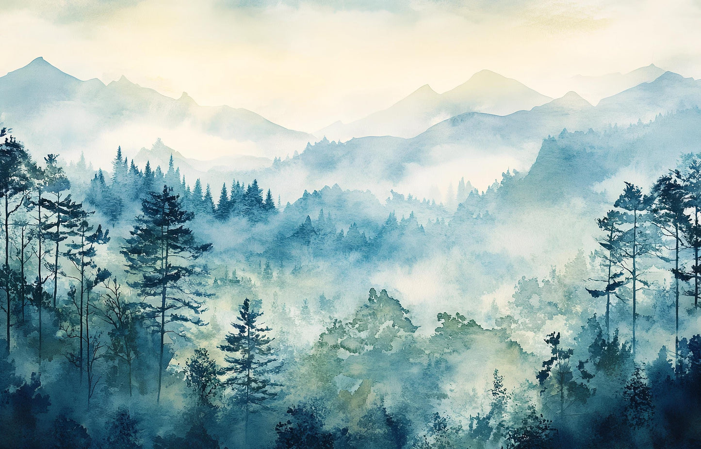 Misty Blue Pine Forest Wallpaper – Watercolor Mountain Wall Mural for Bedroom & Living Room Vn1016