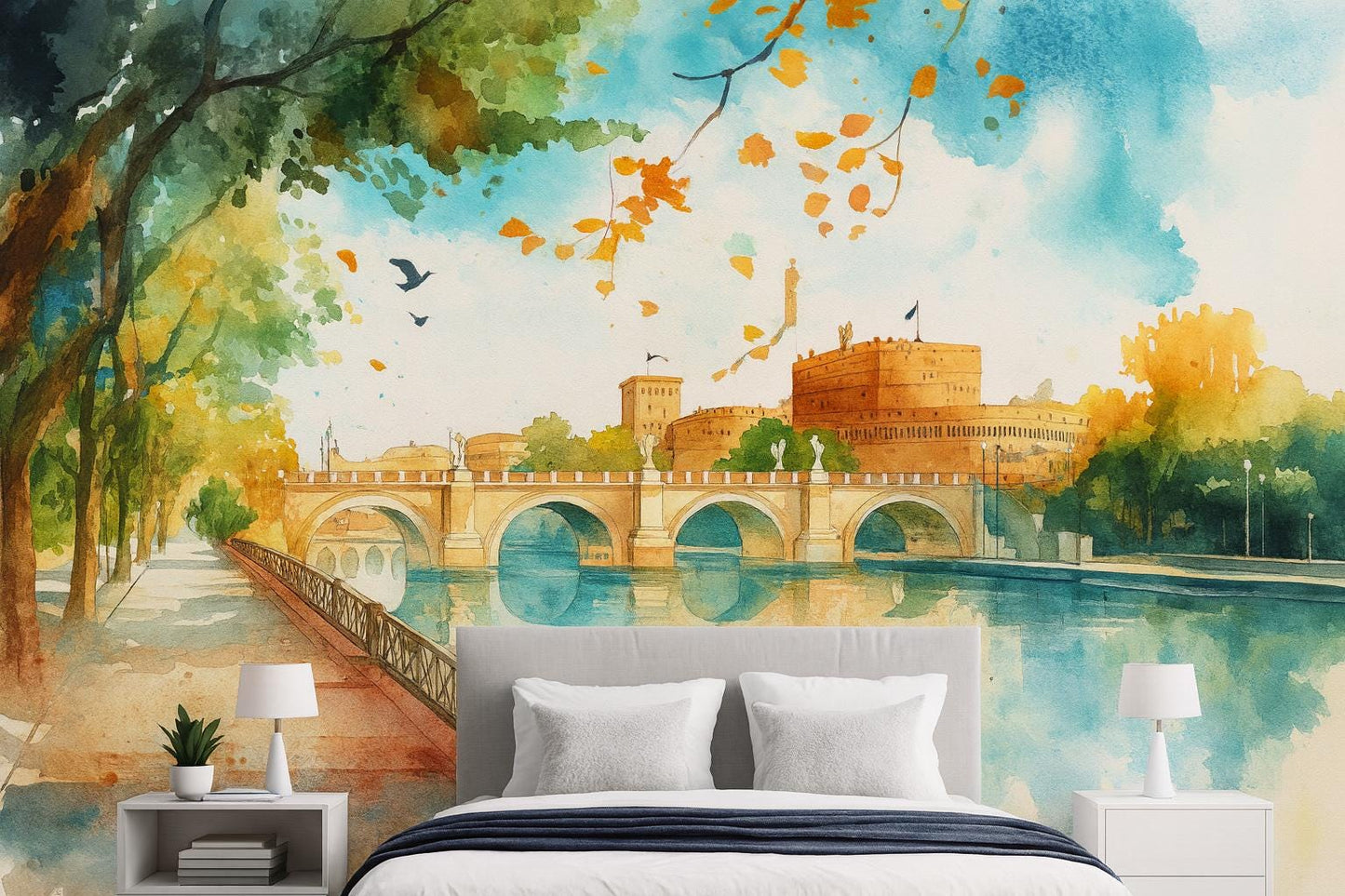 Rome Castel Sant’Angelo Wall Mural – Watercolor Italy Bridge & River Wallpaper Vn923