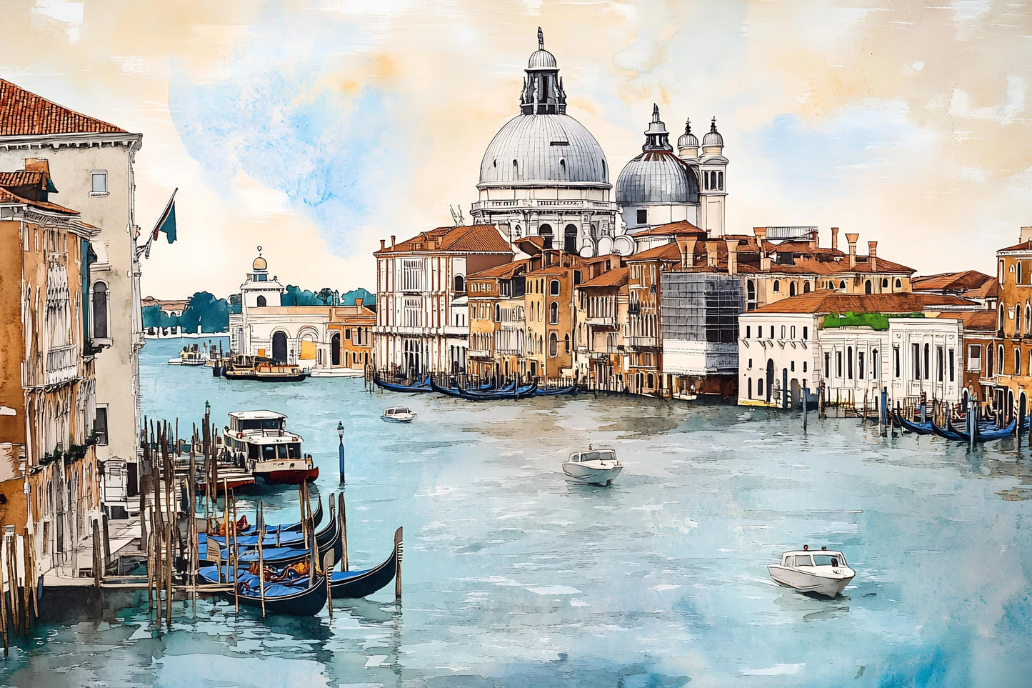 Venice Grand Canal Basilica Wall Mural – Italy Watercolor Gondola Wallpaper for Bedroom & Living Room Vn920