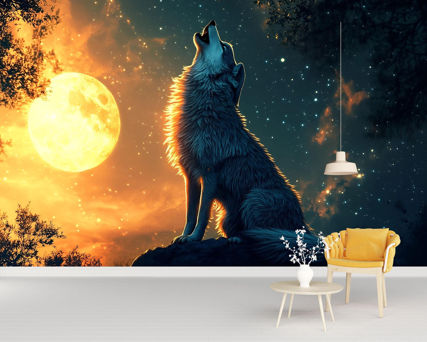 Howling Wolf Moon Wall Mural – Starry Night Forest Wallpaper – Large Animal Nature Art Print for Living Room or Bedroom Decor Vn600