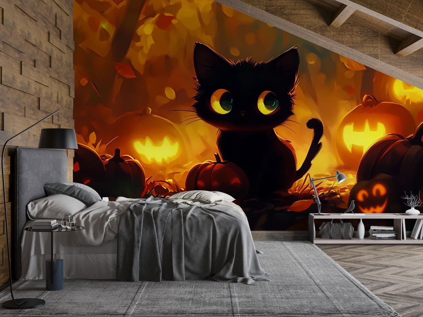 Cute Black Cat Halloween Wall Mural – Pumpkin Lantern Night Scene Vn812