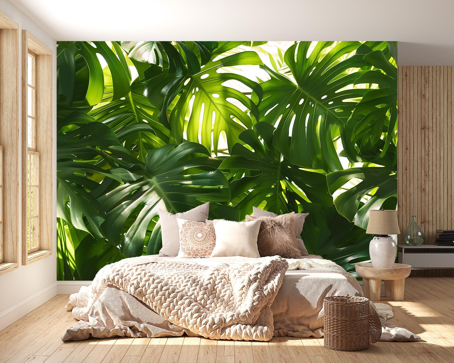 Tropical Leaf Wall Mural – Monstera Jungle Wallpaper, Botanical Greenery Accent Wall Decor for Bedroom or Living Room Vn1062