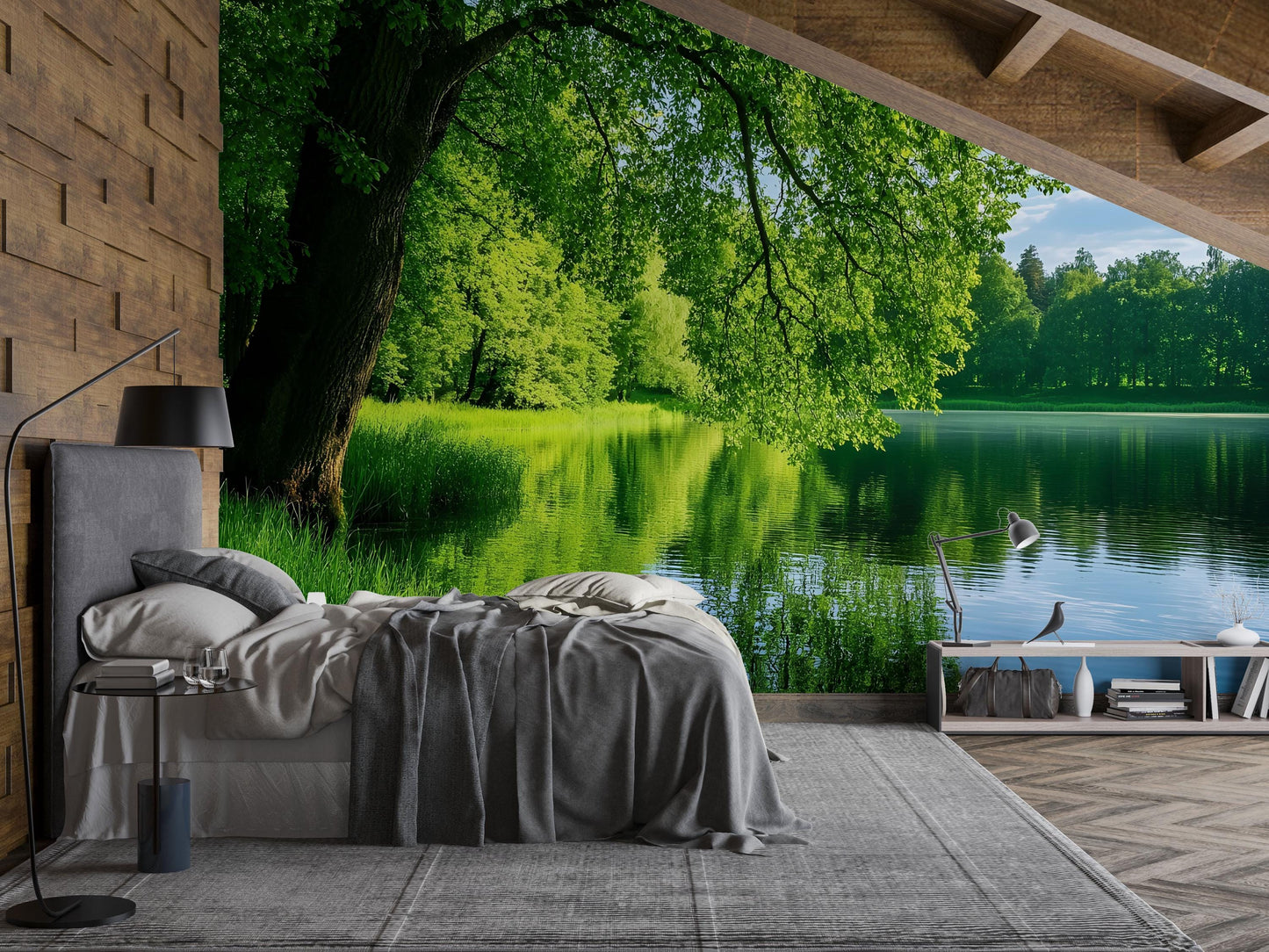 Nature Lake Forest Wall Mural, Scenic Bedroom Wallpaper, Tranquil Green Landscape Decor Vn692