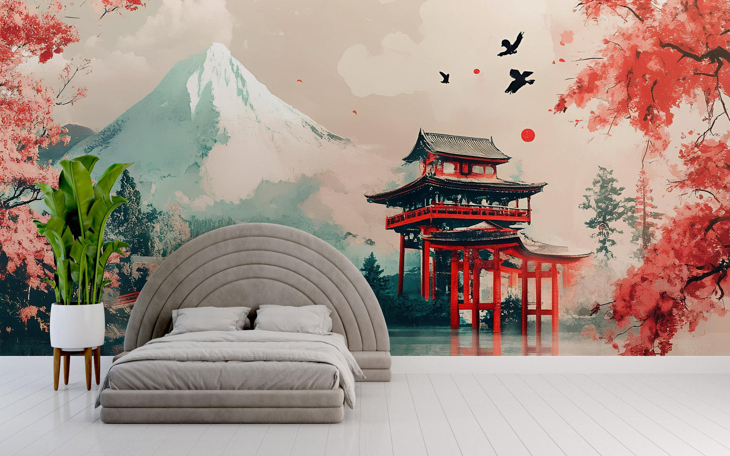 Japanese Mural Wall Art | Mountain Temple Landscape | Cherry Blossom & Pagoda | Asian Aesthetic Wallpaper | Tranquil Decor Vn492