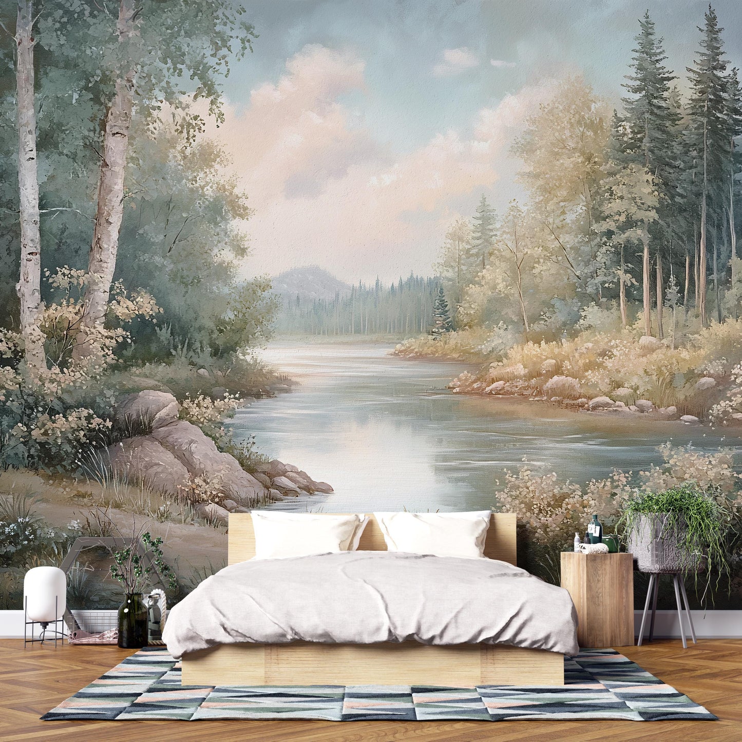 Forest River Wall Mural – Nature Landscape Wallpaper for Living Room & Bedroom Vn974