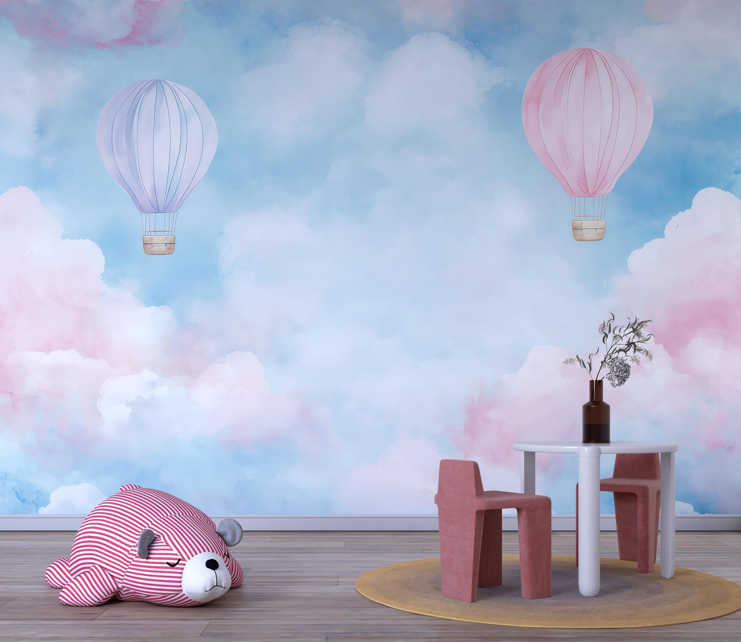 Hot Air Balloon Mural – Pink Purple Cloud Wallpaper Kids Nursery Wall Decor Vn997