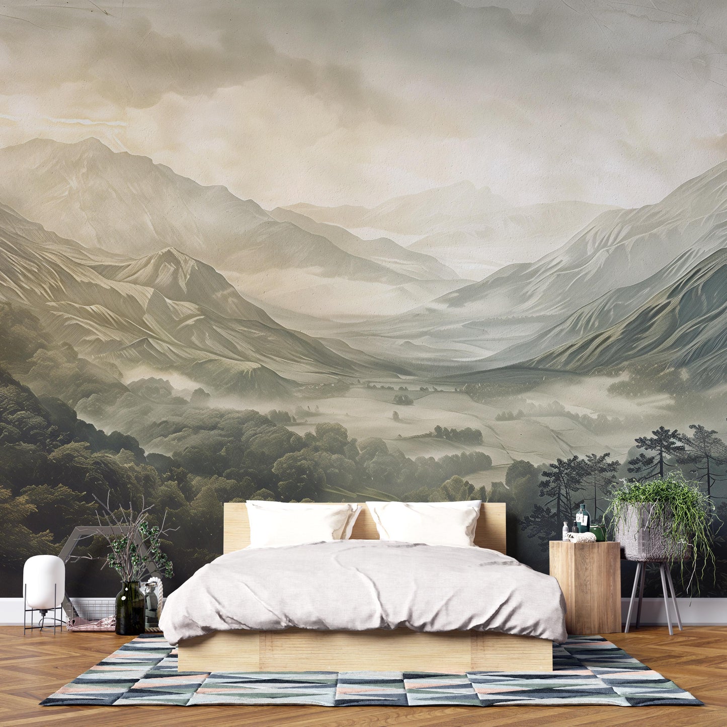Misty Mountain Wall Mural – Scenic Forest Valley Wallpaper for Bedroom Vn1007