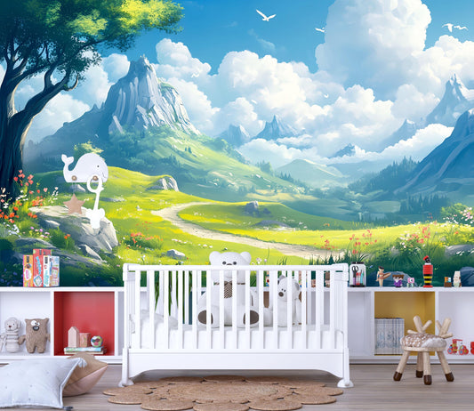 Whimsical Mountain Landscape Wall Mural for Kids Room – Scenic Nature Wallpaper with Clouds, Path, and Forest | Playroom Decor Vn709