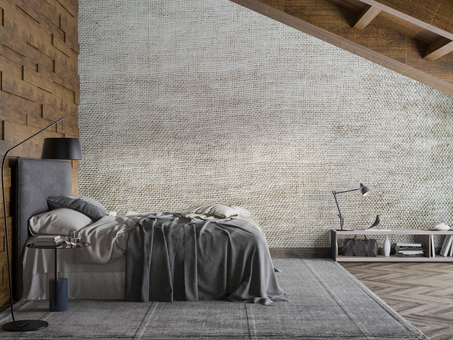 Neutral Linen Texture Wall Mural – Minimalist Modern Bedroom Wallpaper Vn835