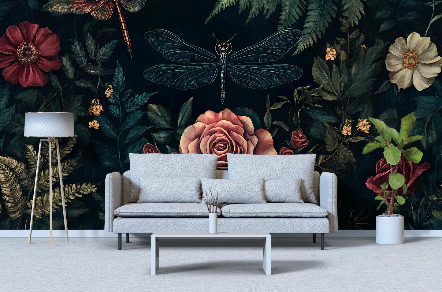 Dark Botanical Wall Art – Vintage Dragonfly & Roses Print Vn954