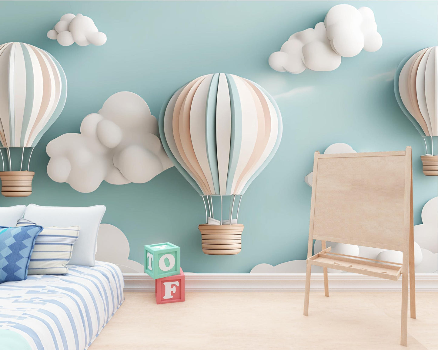 Whimsical Hot Air Balloon Wall Mural for Kids Room – Cloud & Sky Nursery Wallpaper – Dreamy Pastel Art Décor Vn259