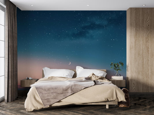 Starry Night Sky Wall Mural – Moon and Galaxy Wallpaper, Cosmic Accent Wall Decor for Bedroom, Living Room or Meditation Space  Vn1078