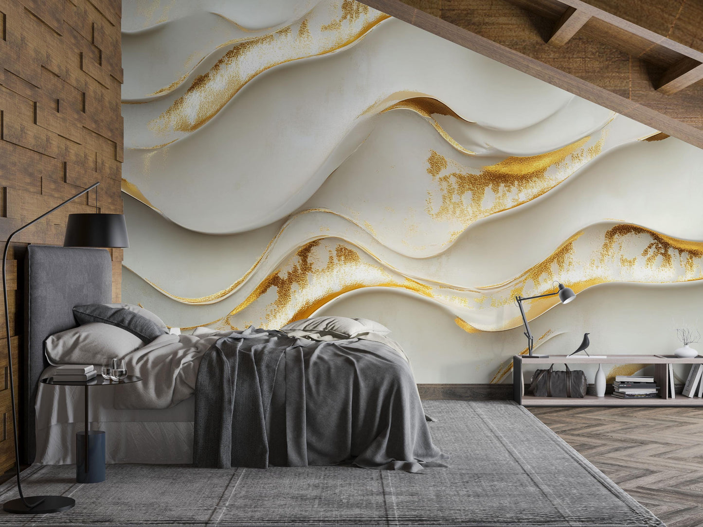 Gold Wave Textured Wall Mural – Modern 3D Luxury Accent Wallpaper  Vn774