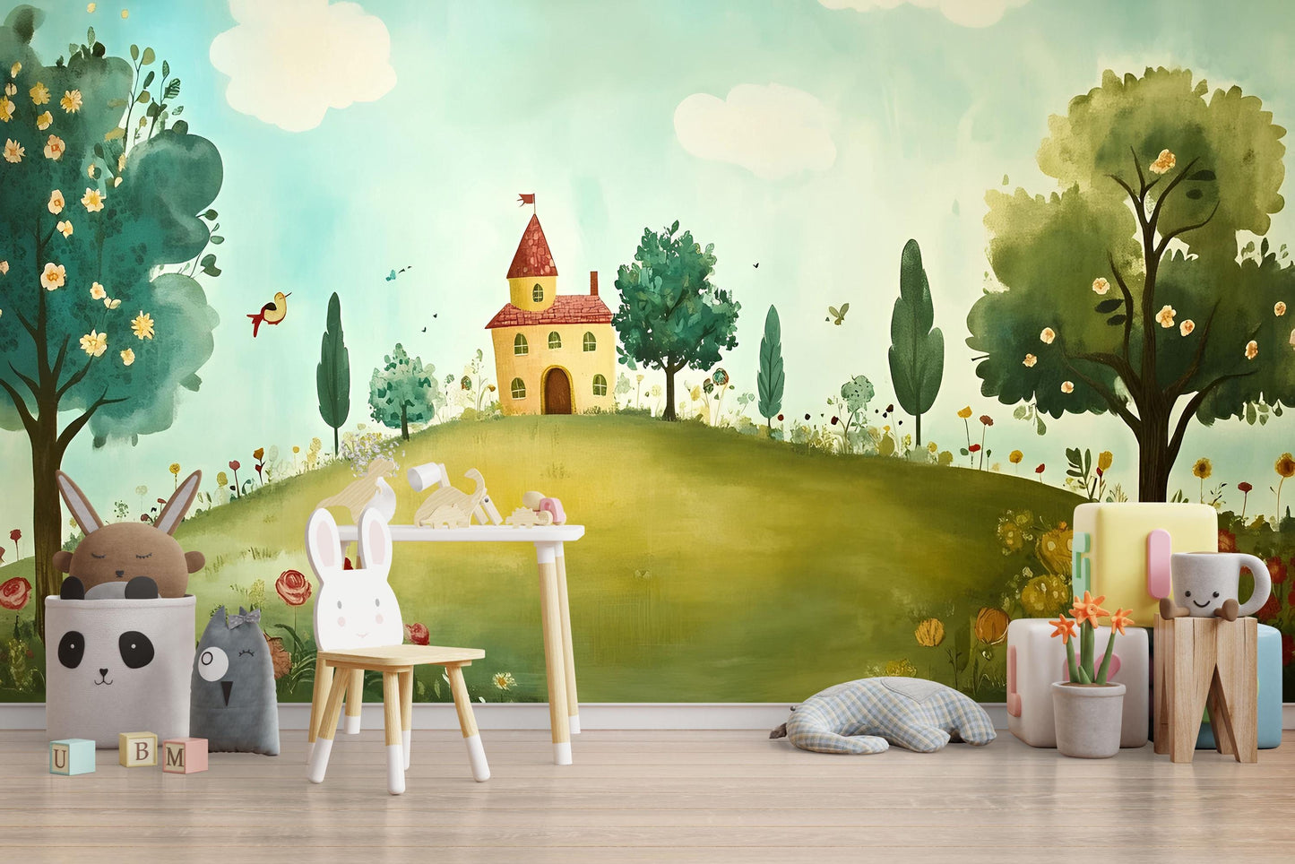 Whimsical Kids Wall Mural – Fantasy Forest and Castle Scene, Nursery Wallpaper, Playroom Wall Art Decor Vn619