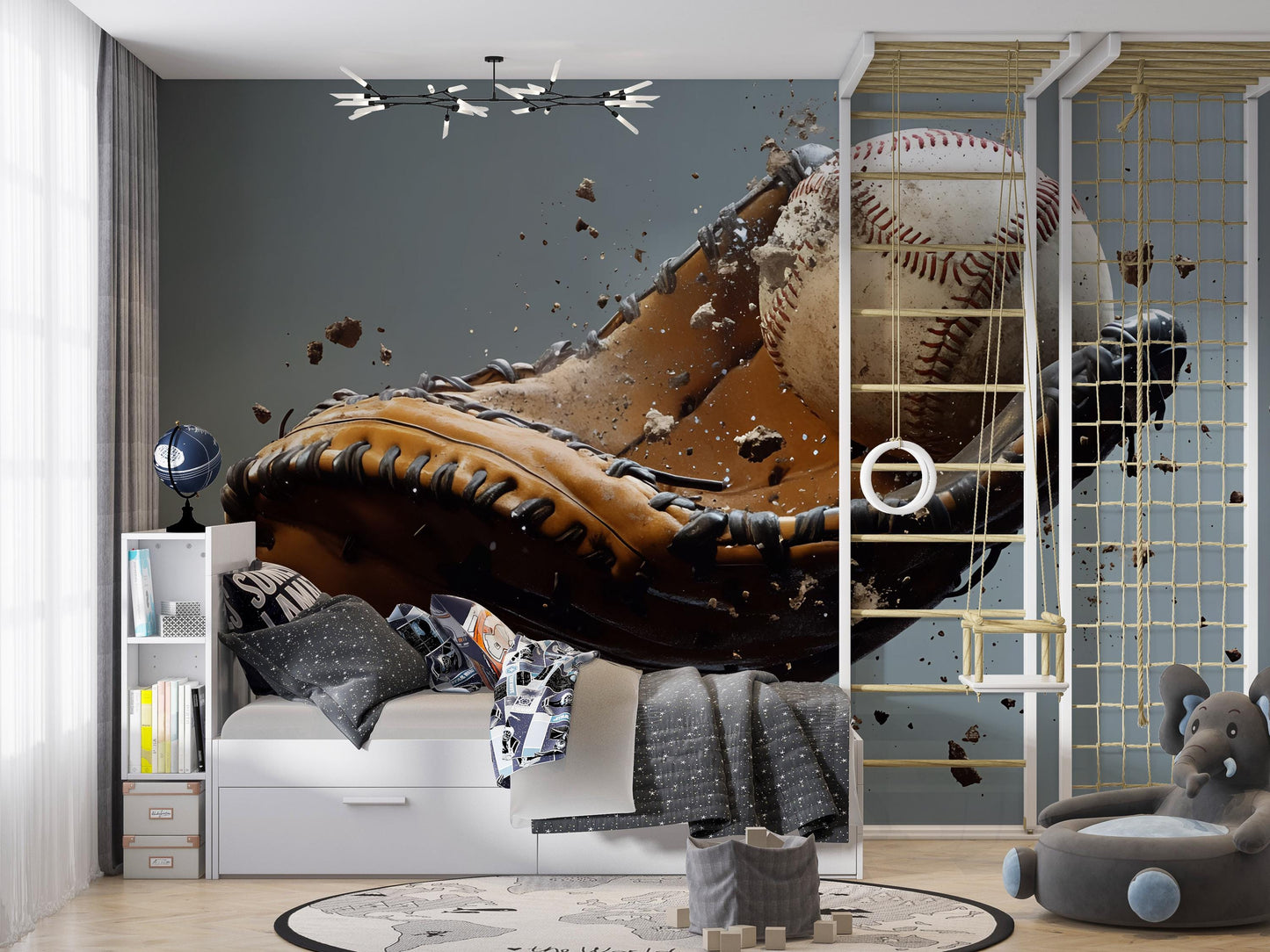 3D Baseball Wall Mural for Kids Room – Sports Theme Wallpaper, Boys Bedroom Decor, Athletic Playroom Art, Glove & Ball Explosion Vn524