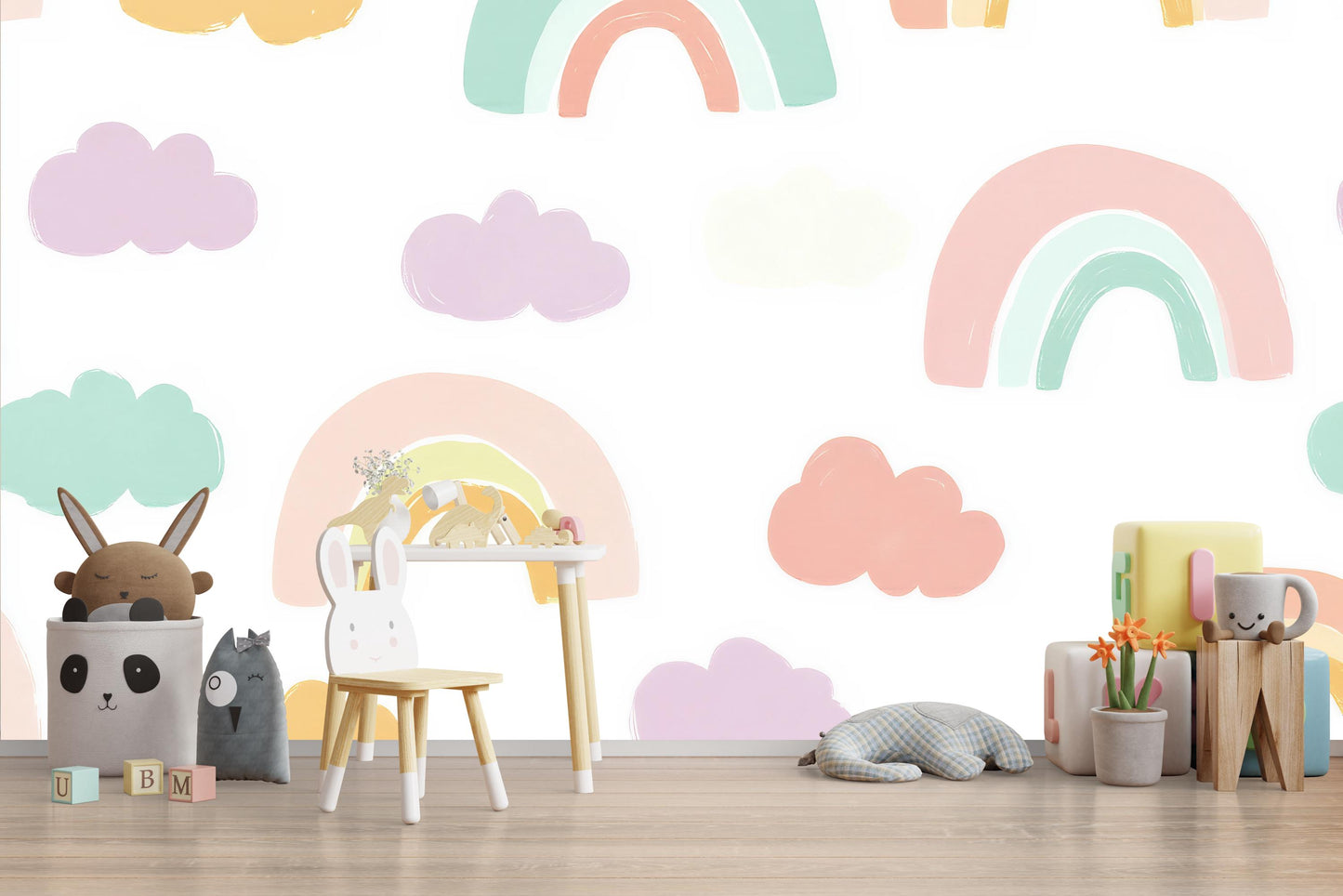 Pastel Rainbow Wall Mural – Cute Kids Room Wallpaper with Clouds for Nursery Decor Vn981