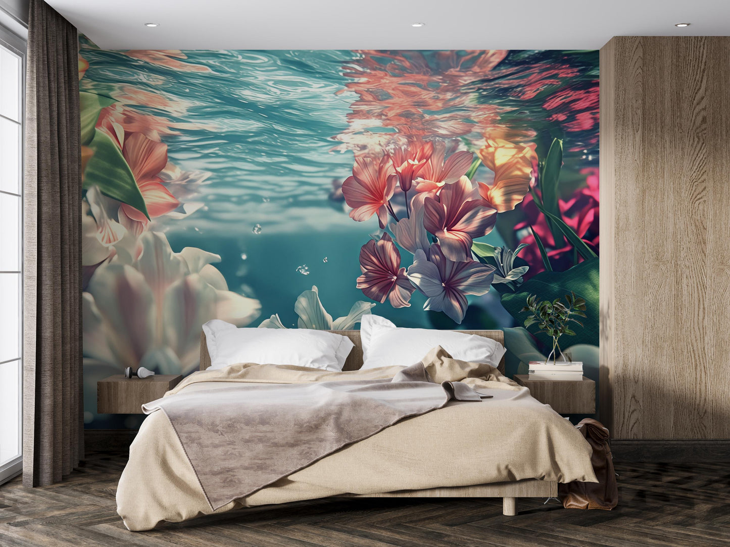 Underwater Floral Wall Mural – Tropical Ocean Flowers Wallpaper, Water-Themed Bedroom Decor, Large Removable Wall Art Vn576