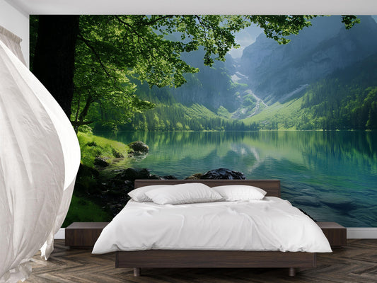 Nature Lake Wall Mural – Mountain Forest Landscape Bedroom Wallpaper Vn691