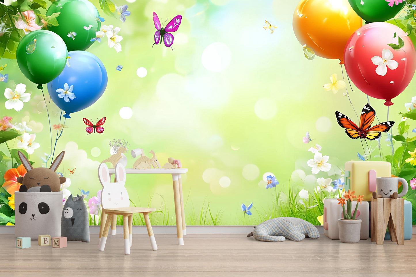 Whimsical Balloon Butterfly Nursery Wall Mural – Nature Theme Baby Room Wallpaper – Colorful Spring Background for Kids Room Vn257