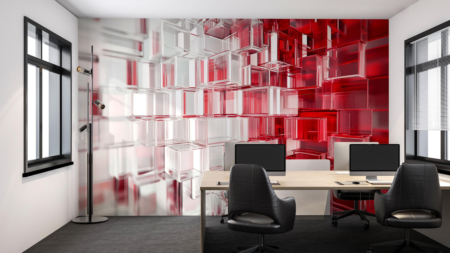 Modern Office Wall Art – 3D Red & White Geometric Cubes – Large Abstract Mural for Workspace or Home Office Vn731