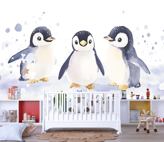 Watercolor Penguin Wall Mural | Nursery Wall Art | Kids Room Wallpaper | Arctic Animal Wall Decor | Cute Baby Penguin Wall Decal Vn518