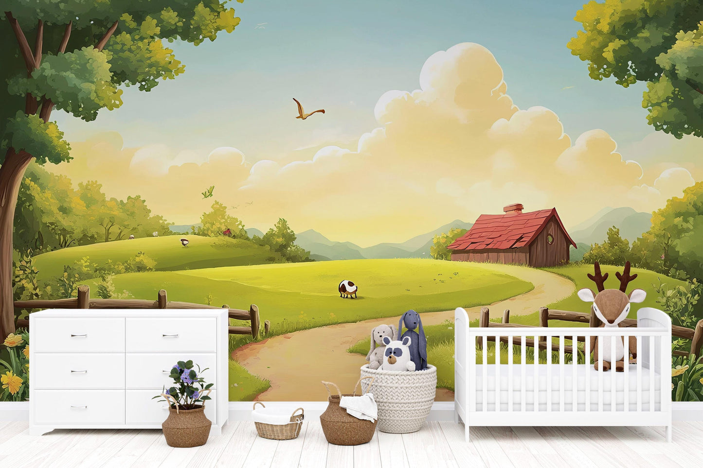 Whimsical Farm Animal Nursery Wall Mural – Pastoral Landscape Baby Room Wallpaper – Cartoon Country Wall Art for Kids Room Decor Vn621