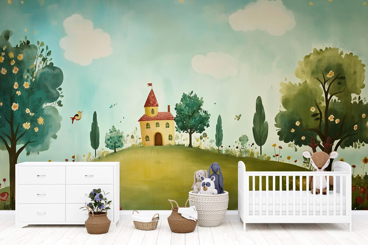Whimsical Kids Wall Mural – Fantasy Forest and Castle Scene, Nursery Wallpaper, Playroom Wall Art Decor Vn619