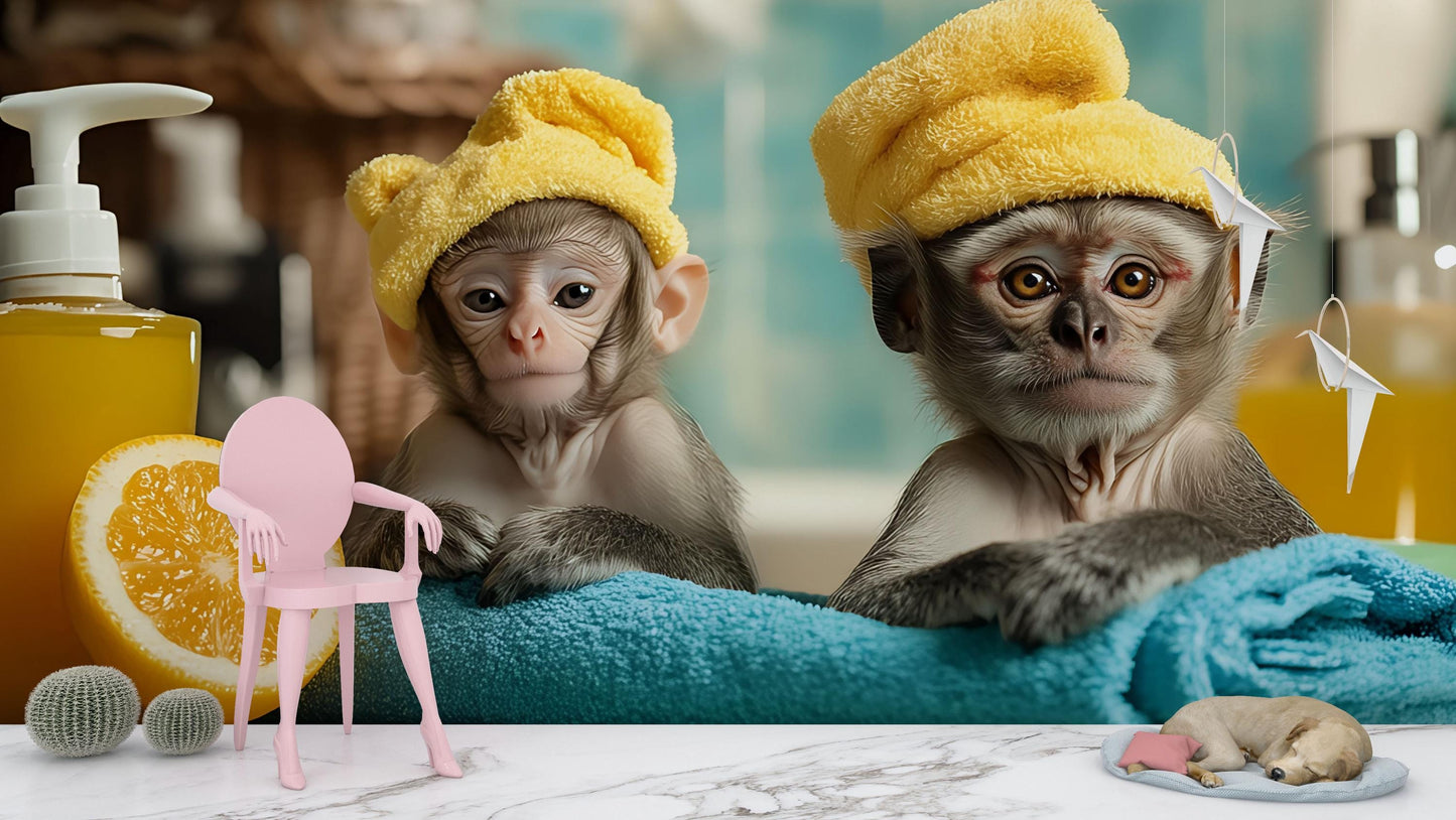 Spa Decor Wall Art Monkeys in Towels | Cute Animal Bathroom Print | Funny Monkey Poster for Salon, Spa, Office, or Kids Room Vn676