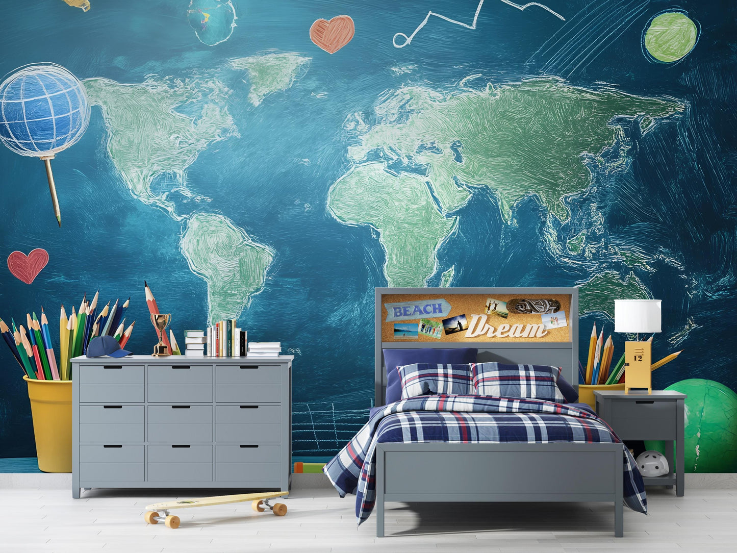 World Map Kids Wall Mural | Educational Travel Theme Nursery Decor | Wooden House Bed Toddler Room | Cozy Earthy Child Bedroom Design Vn416