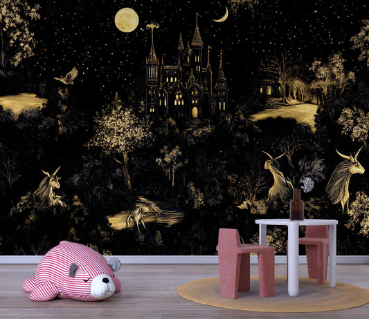Unicorn Castle Fantasy Wallpaper Mural - Dark Forest Night Kids Room Decor Vn180