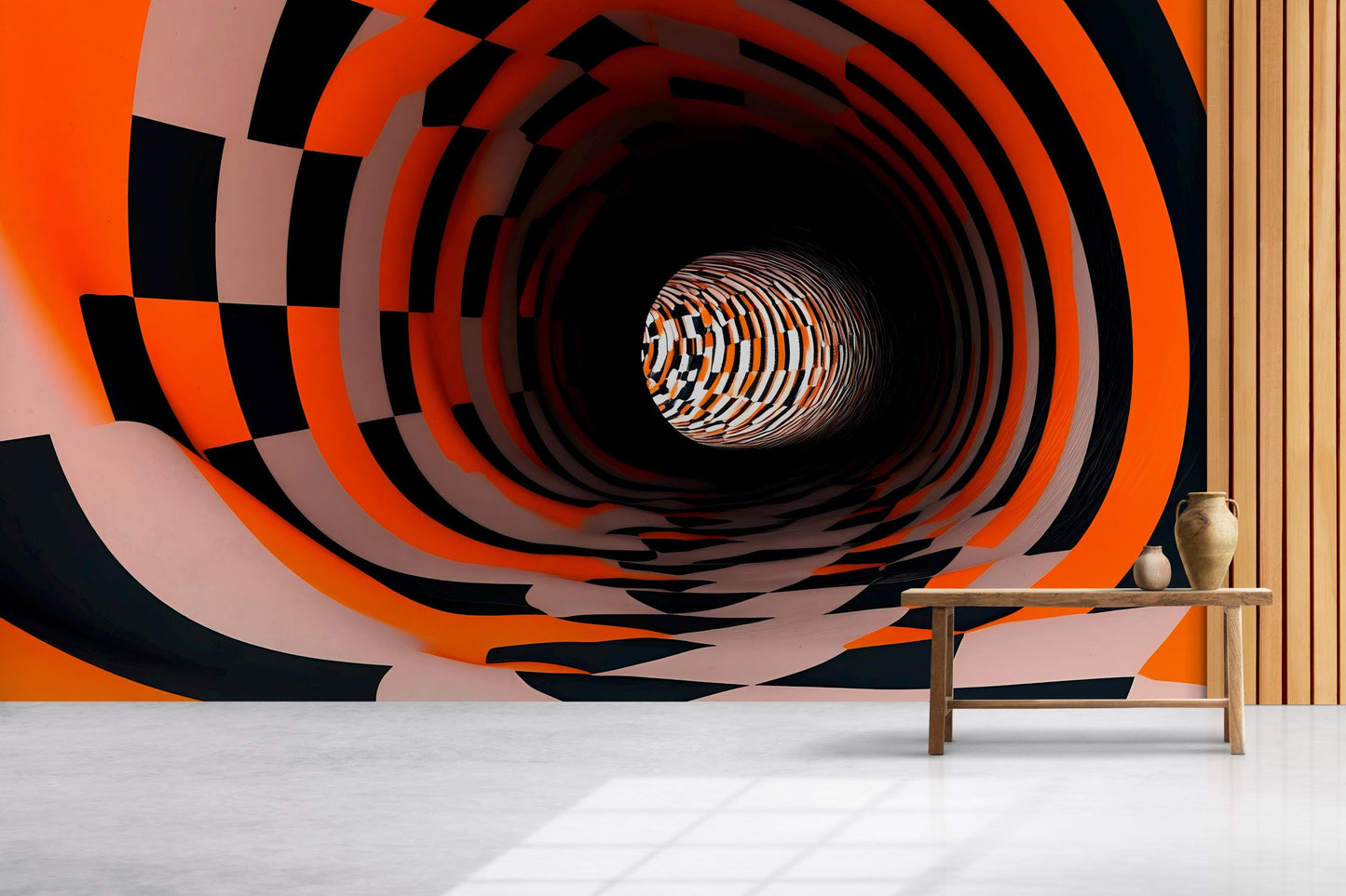 3D Tunnel Wall Mural – Optical Illusion Checkered Abstract Wallpaper Vn900