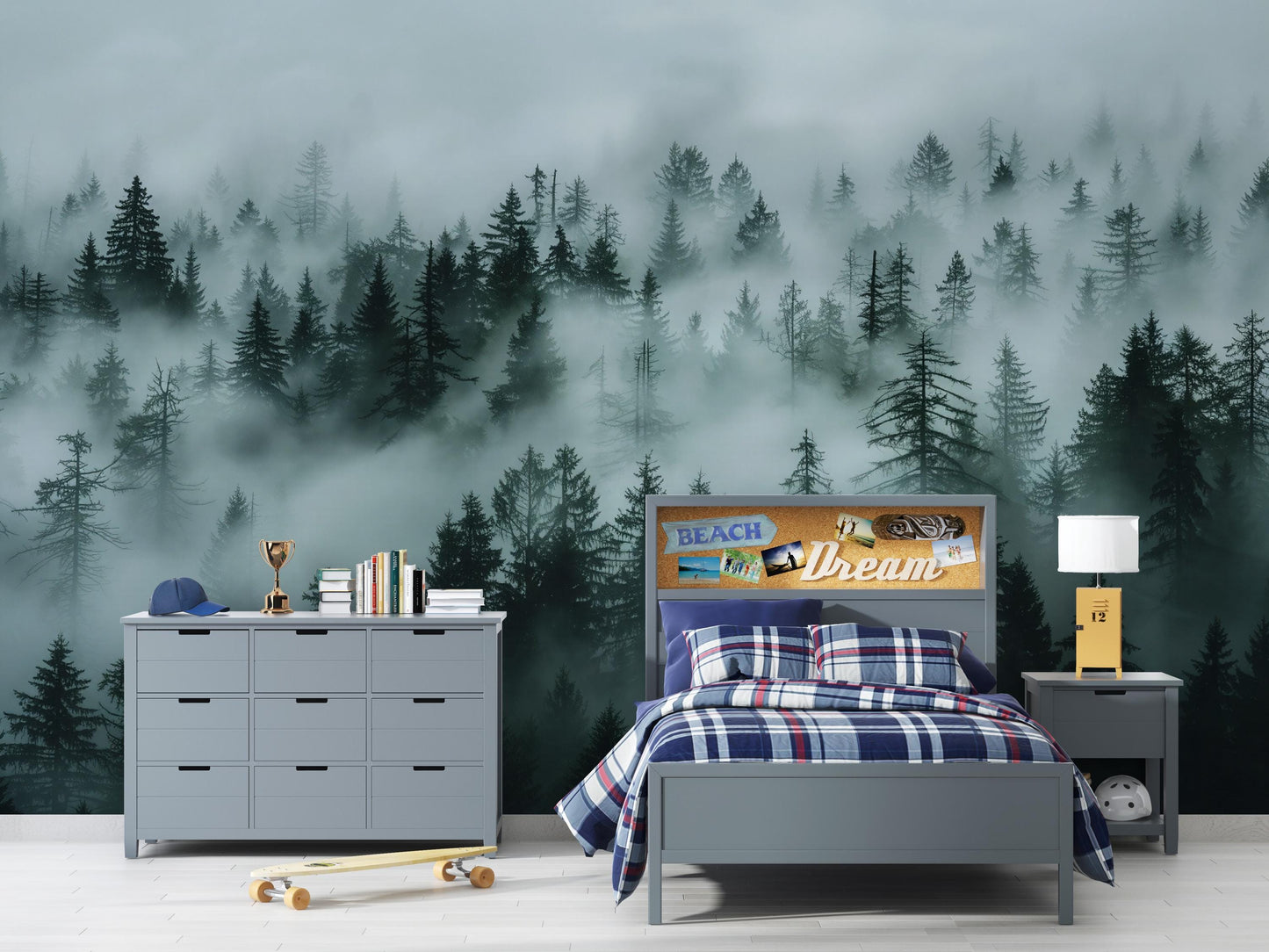 Misty Forest Wall Mural – Dark Green Woodland Wallpaper, Nature Landscape Accent Wall Decor for Bedroom or Living Room Vn1071