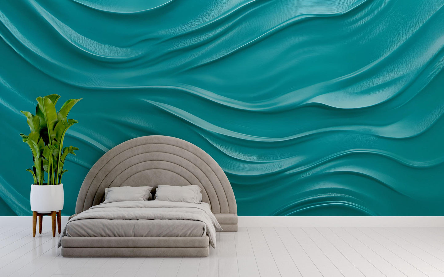 3D Teal Wave Wall Art Mural – Modern Bedroom Accent Wallpaper, Ocean-Inspired Abstract Texture, Bold Home Decor for Sloped Walls Vn651