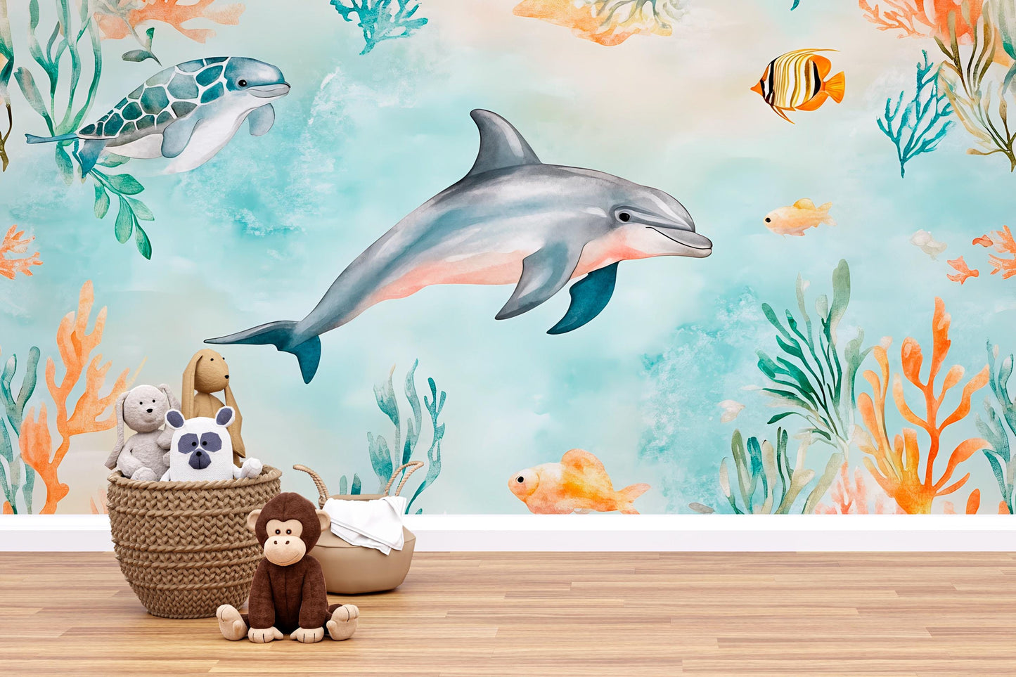 Dolphin Wall Mural – Ocean Nursery Wallpaper with Fish & Coral Reef Vn987