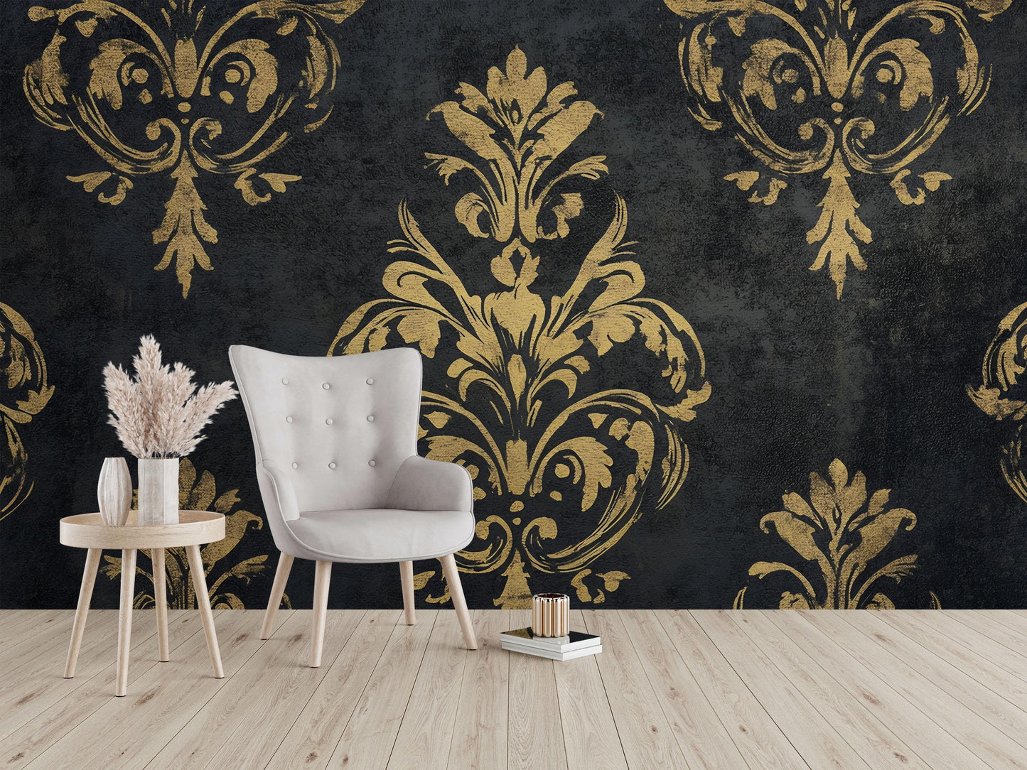 Luxury Baroque Black & Gold Damask Wallpaper – Elegant Textured Wall Mural Vn639
