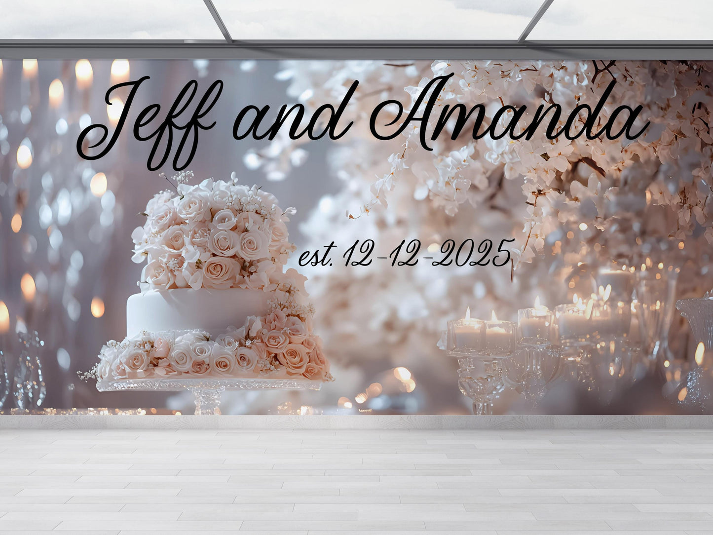 Elegant Wedding Backdrop Banner with Names & Date – Personalized Floral Cake Design, Custom Photo Booth Sign Vn516