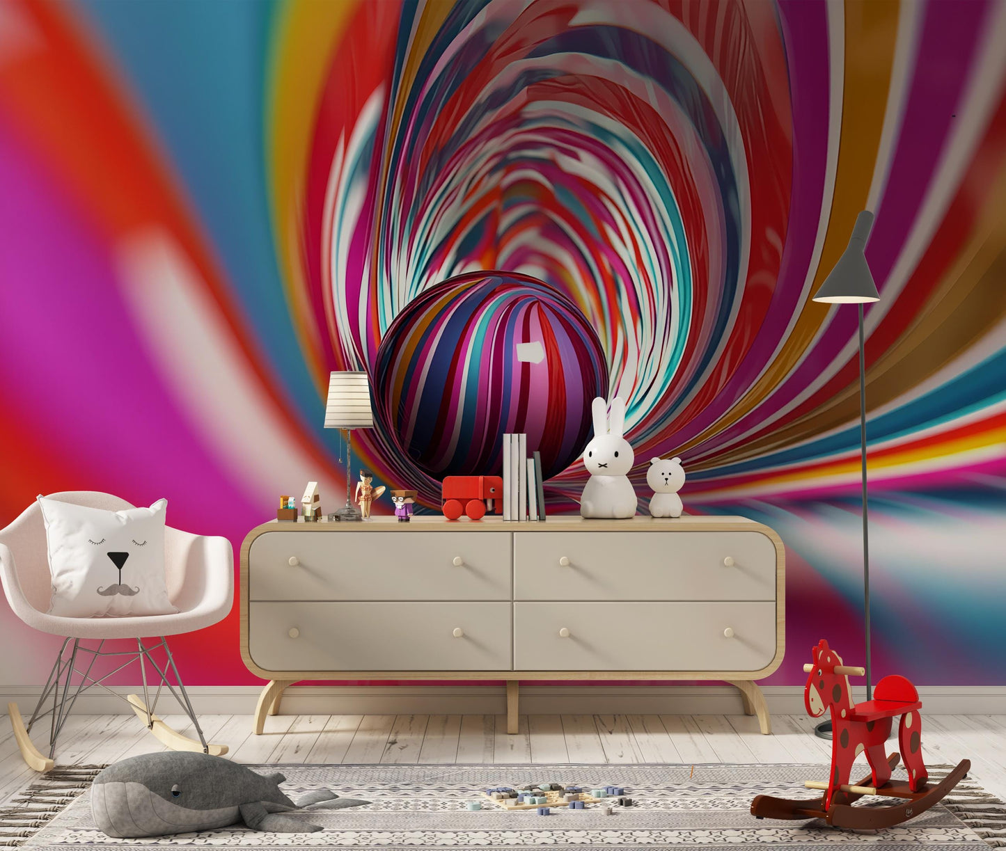 Colorful 3D Tunnel Wall Mural – Rainbow Striped Sphere Wallpaper Vn911