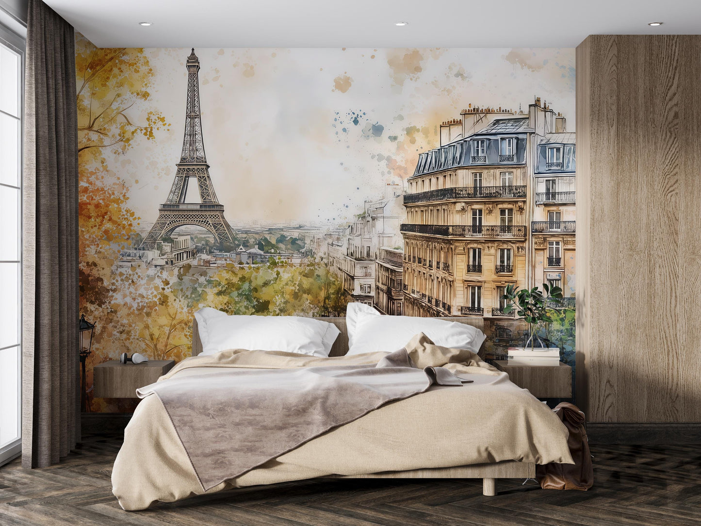 Eiffel Tower Wall Mural – Paris Street Watercolor Wallpaper Vn930